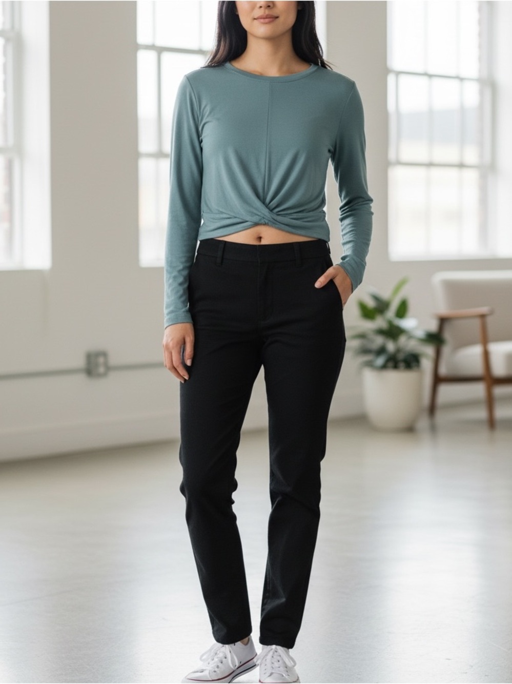 Athleta Dusty TealTwist Hem Crop Long Sleeve Crewneck Top Size Medium